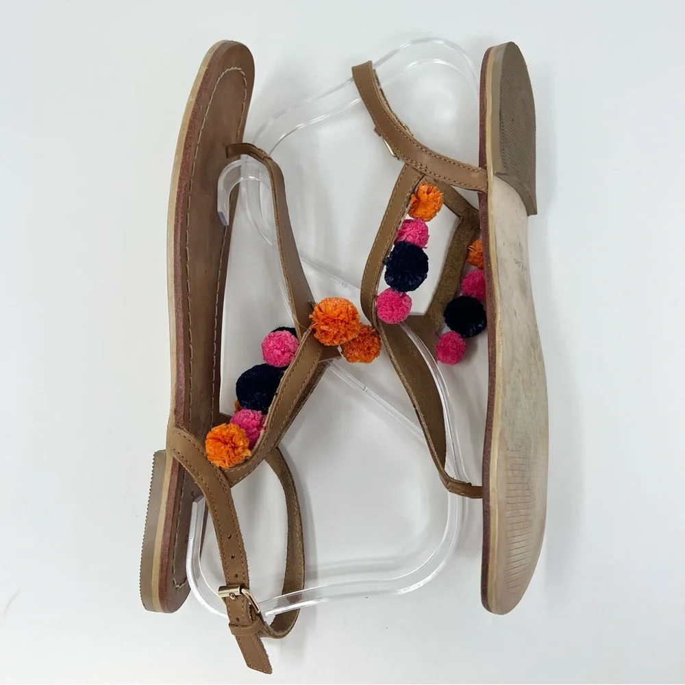 Boden Pompom Leather Sandals Women’s Size 9 Tan Thongs Colorful Fun